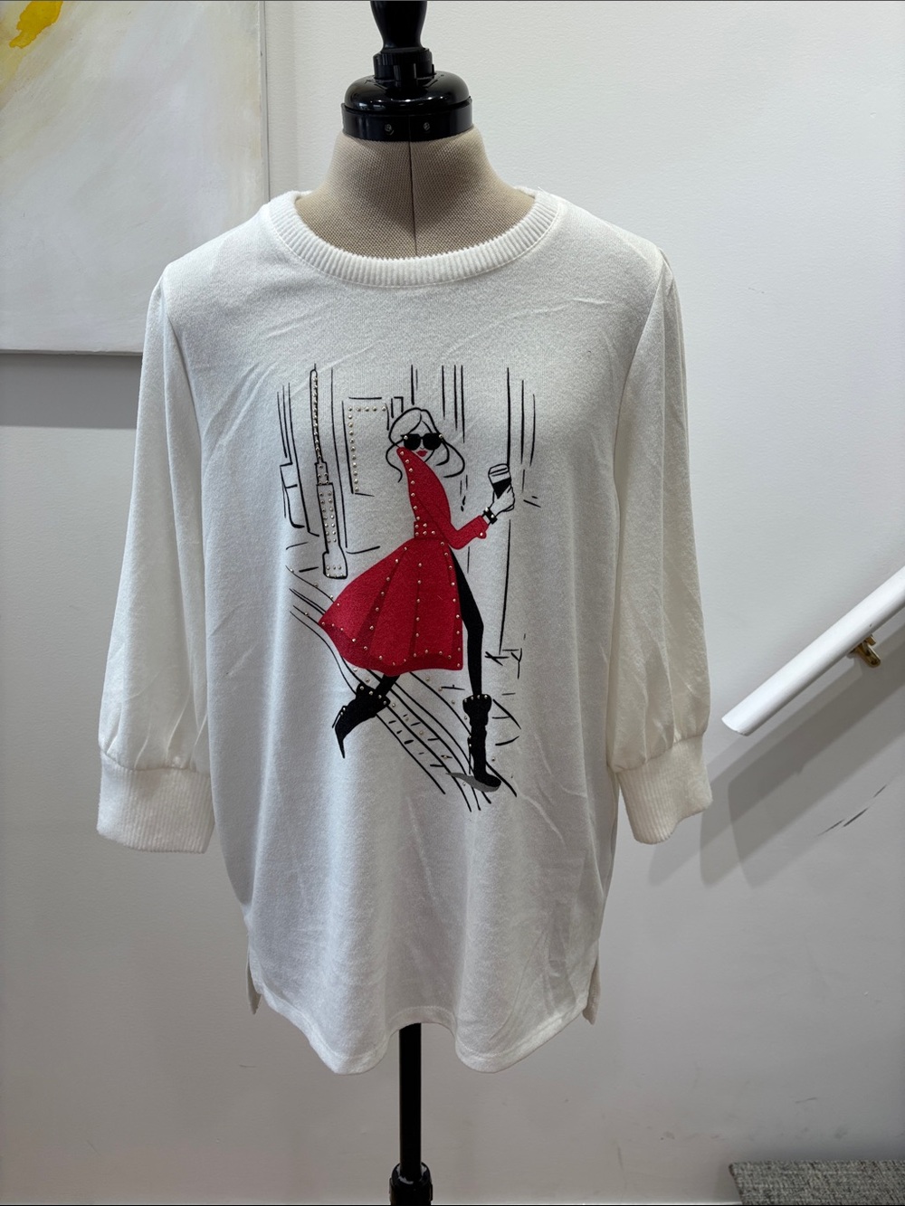 White Sweatshirt with Red Graphic Coat Illustration